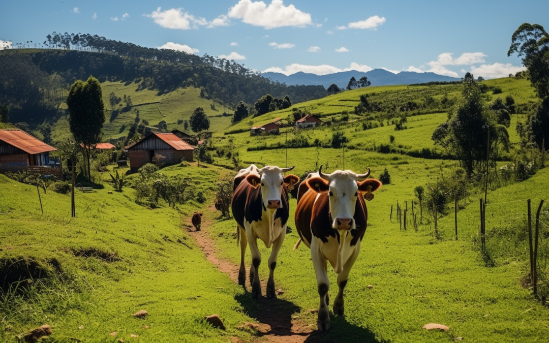 two cows walking on a farm in guatepe colombia